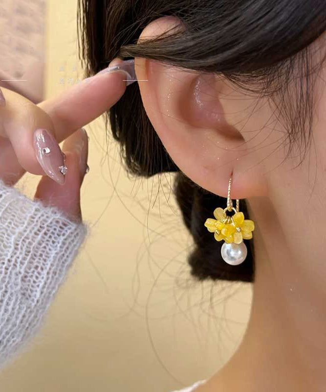 Boucles d'oreilles créoles jaunes en alliage acrylique avec perles florales