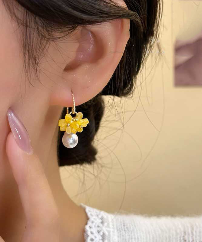 Boucles d'oreilles créoles jaunes en alliage acrylique avec perles florales