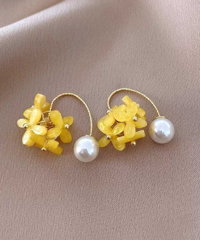 Boucles d'oreilles créoles jaunes en alliage acrylique avec perles florales