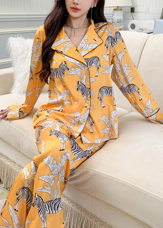 Fashion Yellow Notched Print Shirts And Pants Two Pieces Set Spring XS1011