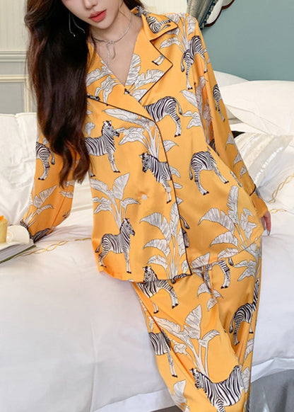 Fashion Yellow Notched Print Shirts And Pants Two Pieces Set Spring XS1011