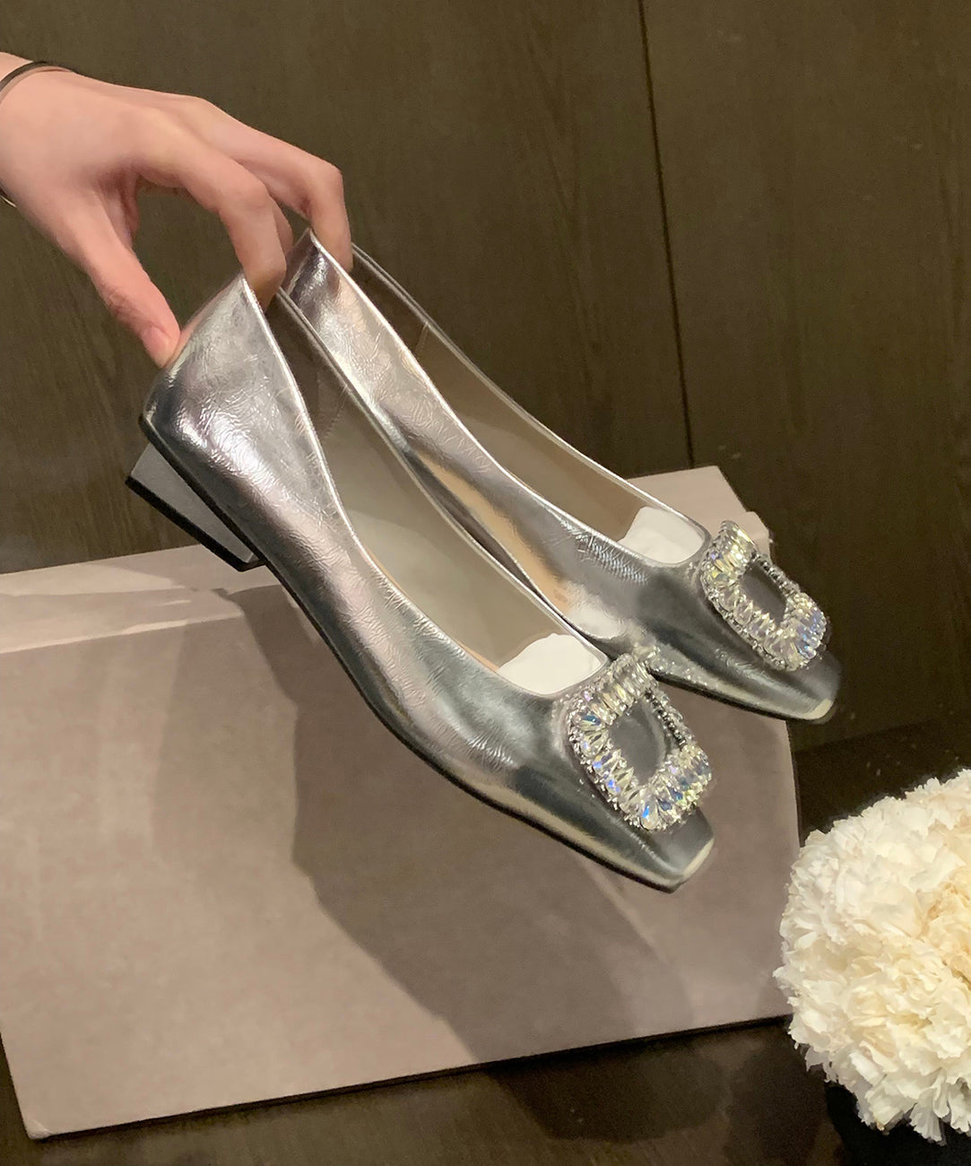 Zircon Fashion Silver Leather Sequined Flats Cowhide