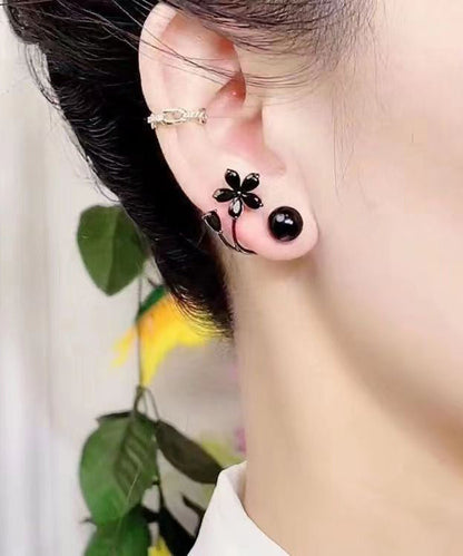 Fine Black Alloy Inlaid Gem Stone Floral Stud Earrings GH1086