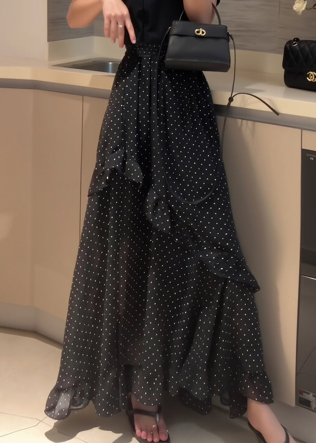 Side Black Fine Dot Chiffon Open Ruffled Summer Patchwork Skirt
