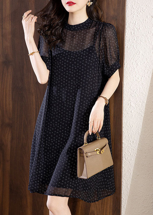 Fine Black Letter Print Chiffon Dress Two Pieces Set Summer YY027