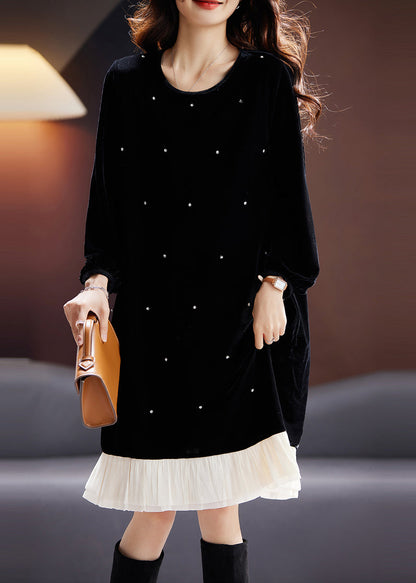 Fine Black O Neck Nail Bead Patchwork Velvet Dress Fall AC1007