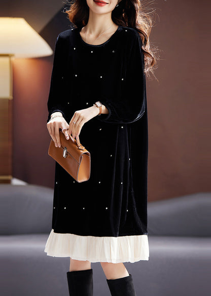 Fine Black O Neck Nail Bead Patchwork Velvet Dress Fall AC1007