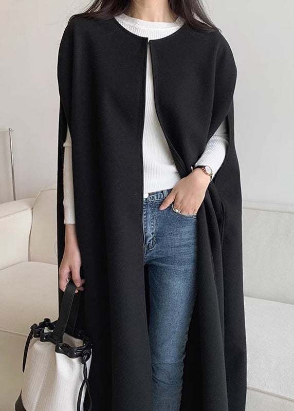 Fine Black O Neck Woolen Coats Cloak Sleeves WO026