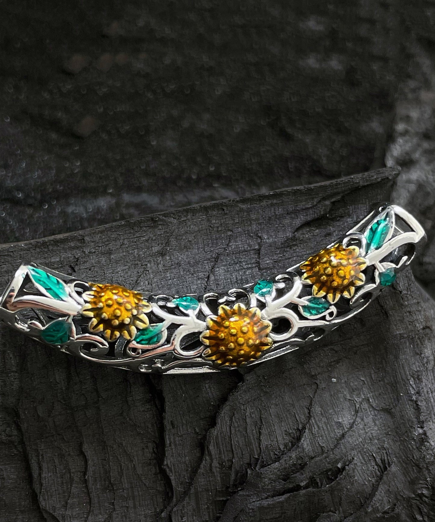 Collier ras du cou en argent sterling et cristal noir avec tournesol KX1031