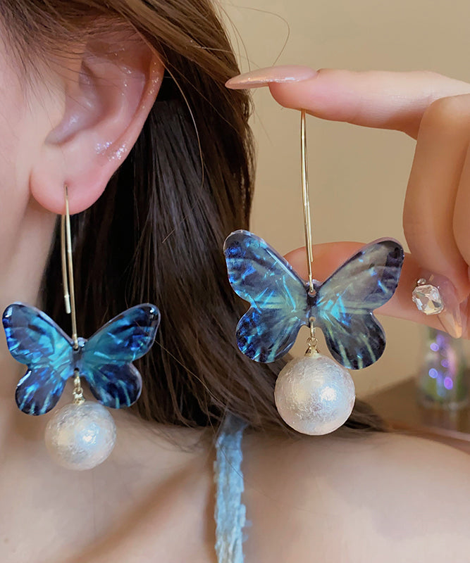 Boucles d'oreilles pendantes en forme de papillon avec perles acryliques bleues fines PO076