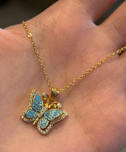 Fine Blue Ancient Dharma Gold Zircon Butterfly Pendant Necklace AC1076