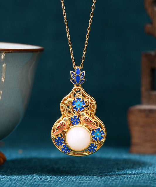 Fine Blue Ancient Gold Jade Enamel Lotus Flower Gourd Pendant Necklace KX1073