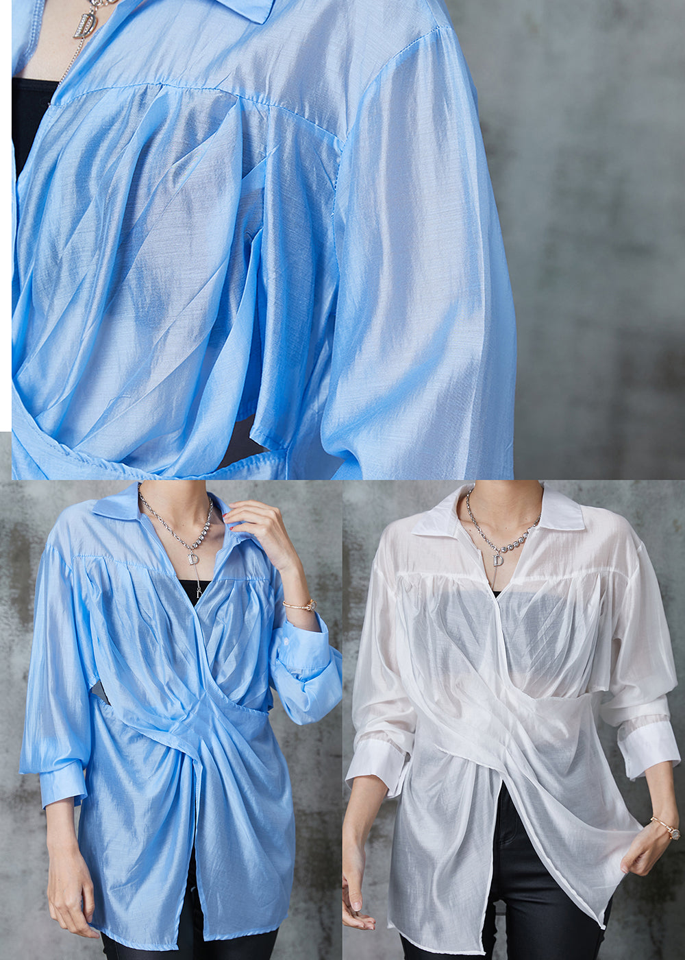 Fine Blue Asymmetrical Wrinkled Linen Blouse Top Summer AL1021