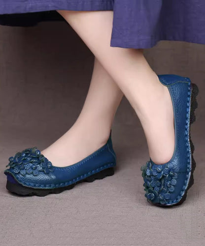 Fine Blue Flower Splicing Cowhide Leather Flat Shoes  AH425