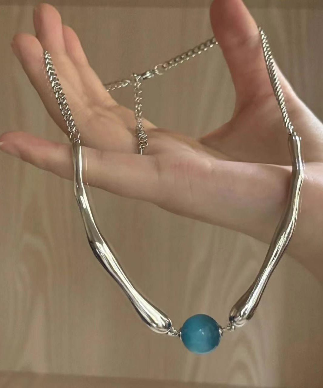 Fine Blue Metal Asymmetric Beads Pendant Necklace RA009