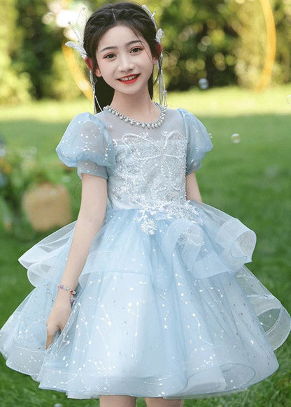 Fine Blue Nail Bead Bow Tulle Girls Maxi Dresses Summer QV008