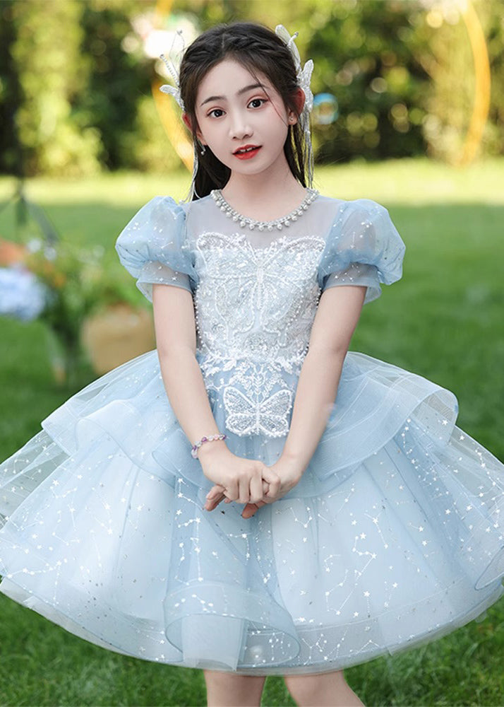 Fine Blue Nail Bead Bow Tulle Girls Maxi Dresses Summer QV008