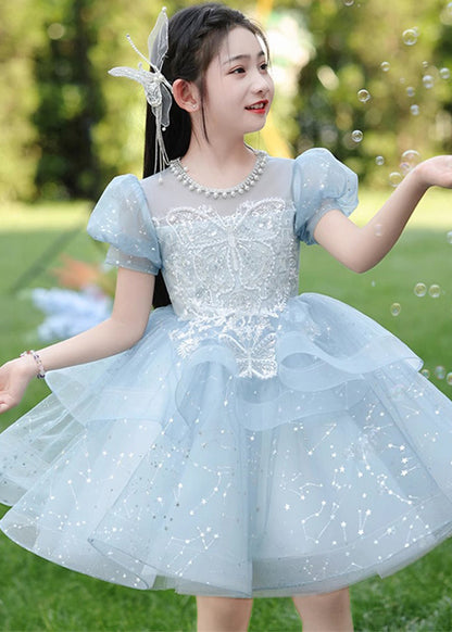 Fine Blue Nail Bead Bow Tulle Girls Maxi Dresses Summer QV008