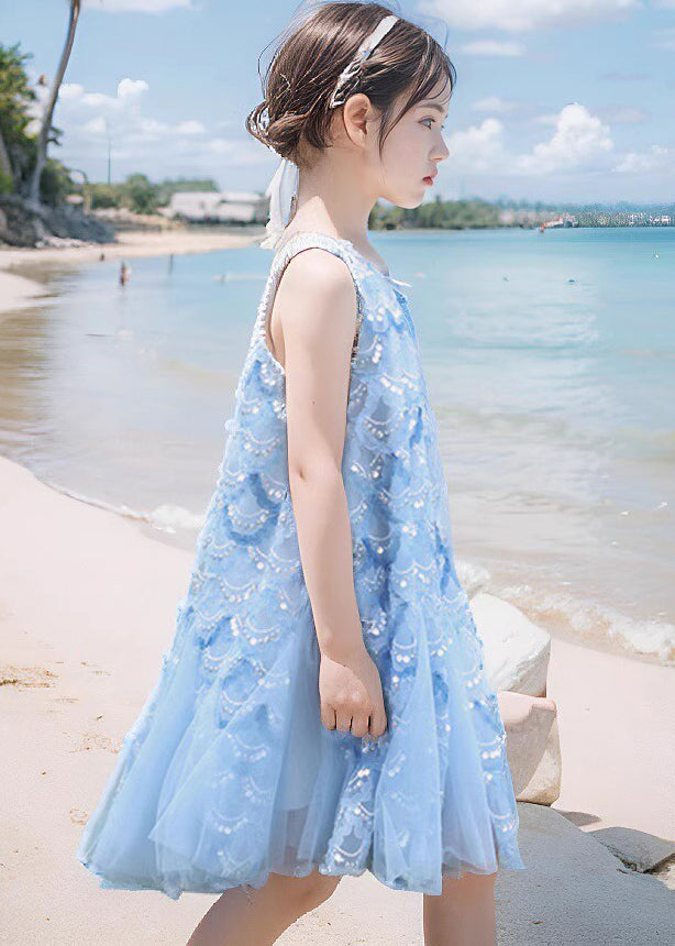 Fine Blue O-Neck Sequins Tulle Girls Maxi Dress Sleeveless EW003