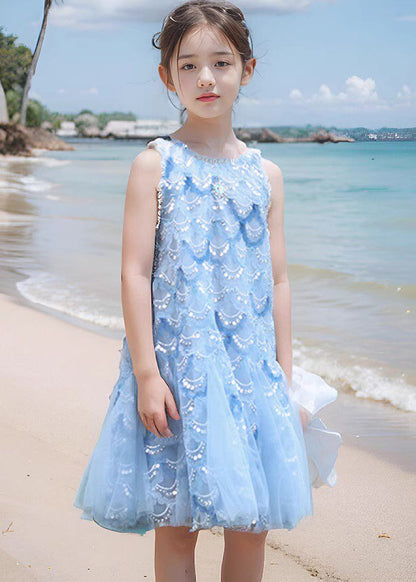 Fine Blue O-Neck Sequins Tulle Girls Maxi Dress Sleeveless EW003