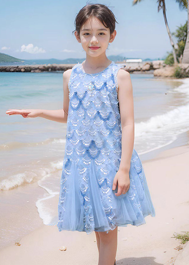 Fine Blue O-Neck Sequins Tulle Girls Maxi Dress Sleeveless EW003