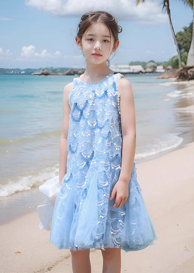 Fine Blue O-Neck Sequins Tulle Girls Maxi Dress Sleeveless EW003