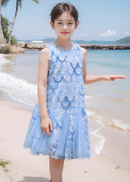 Fine Blue O-Neck Sequins Tulle Girls Maxi Dress Sleeveless EW003