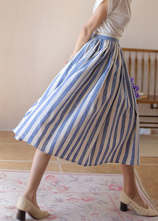 Skirt High Fine Blue Summer Striped Cotton Waist Wrinkled