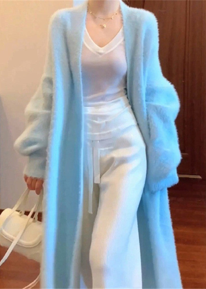 Cardigan tricoté en poils de vison bleu fin à col en V, automne RL012