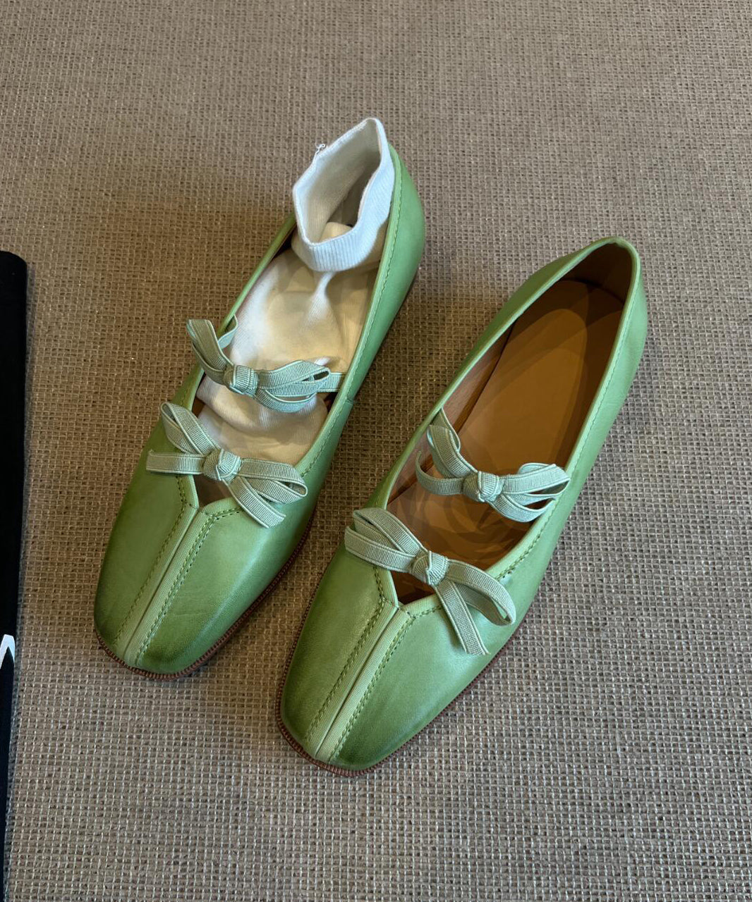 Splicing Green Fine Comfy Bow Sheepskin Flats