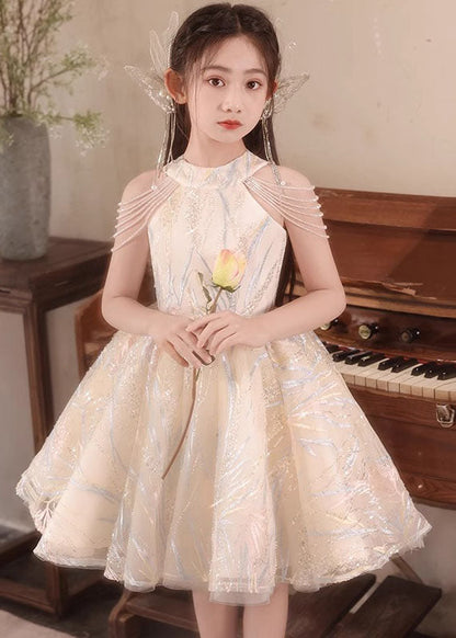 Fine Champagne O-Neck Nail Bead Tassel Tulle Girls Long Dresses Summer QV022