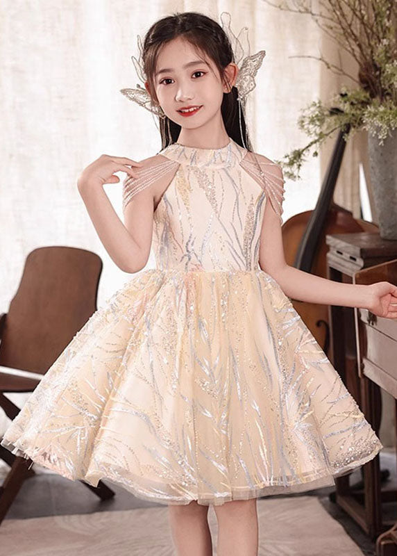 Fine Champagne O-Neck Nail Bead Tassel Tulle Girls Long Dresses Summer QV022