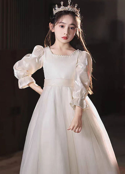 Fine Champagne Square Collar Nail Bead Tulle Kids Long Dress Puff Sleeve QV004