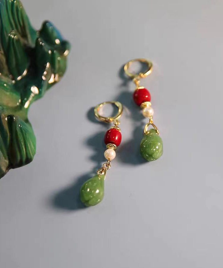 Fine Colorblock Sterling Silver Overgild Jade Orchid Drop Earrings GH1046