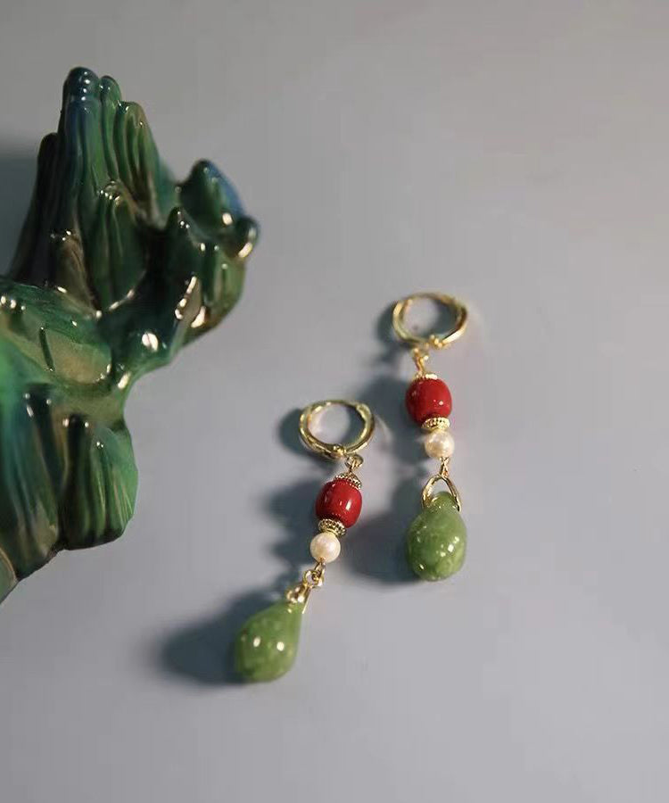Fine Colorblock Sterling Silver Overgild Jade Orchid Drop Earrings GH1046
