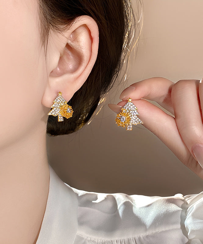 Fine Gold Copper Alloy Zircon Snowflake Christmas Tree Stud Earrings RB018