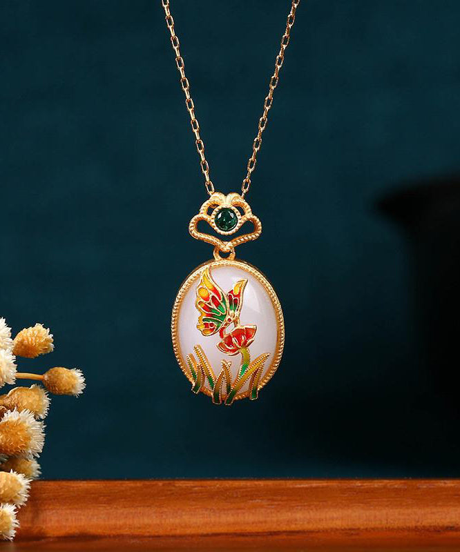 Fine Gold Copper Overgild Jade Crystal Butterfly Floral Pendant Necklace KX1069