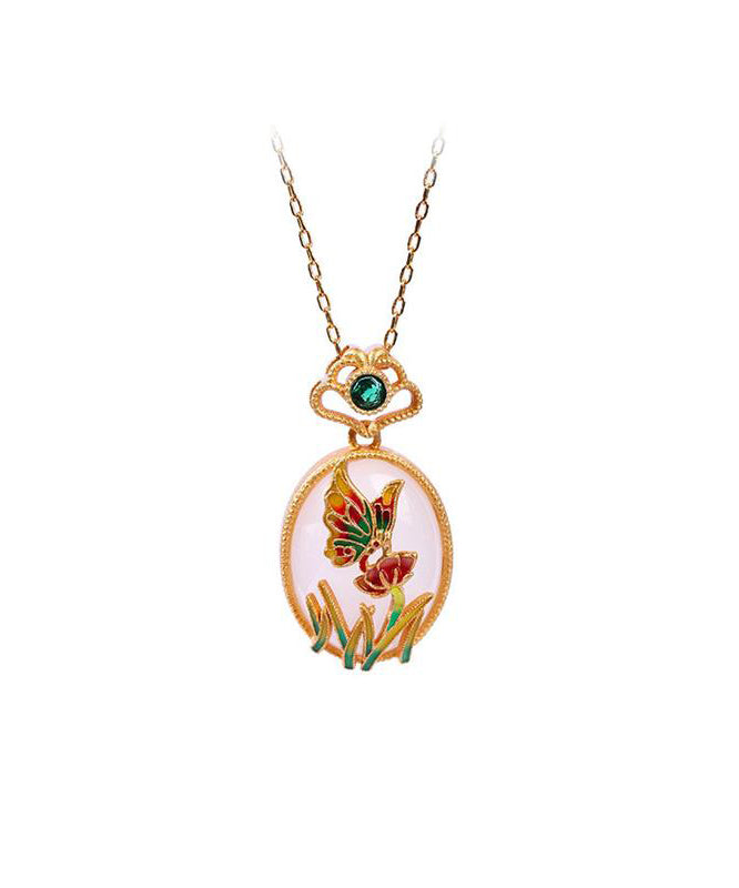 Fine Gold Copper Overgild Jade Crystal Butterfly Floral Pendant Necklace KX1069