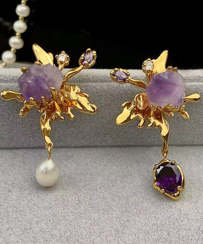 Fine Gold Copper Overgild Zircon Pearl Crystal Asymmetrical Butterfly Drop Earrings QU030