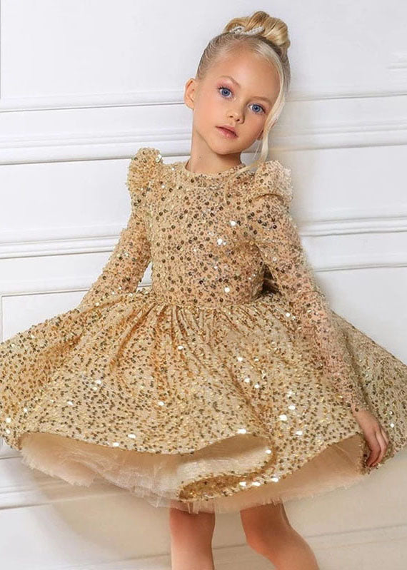 Feines Gold O-Ausschnitt Pailletten Tüll Kinder Lange Kleider Frühling YS009