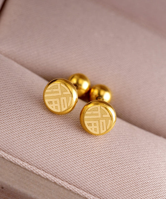 Fine Gold Stainless Steel Fu Character Stud Earrings GH1051
