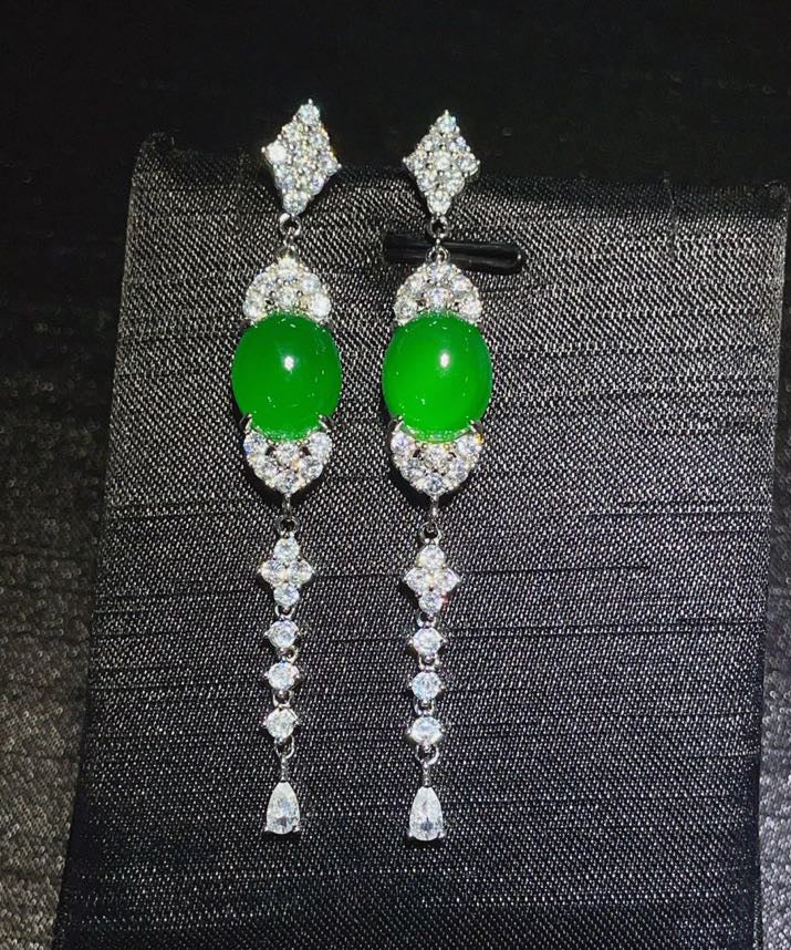 Fine Green Sterling Silver Zircon Jade Tassel Drop Earrings AC1058