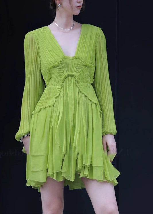 Fine Green V Neck Ruffled Patchwork Mid Dresses Spring RP018