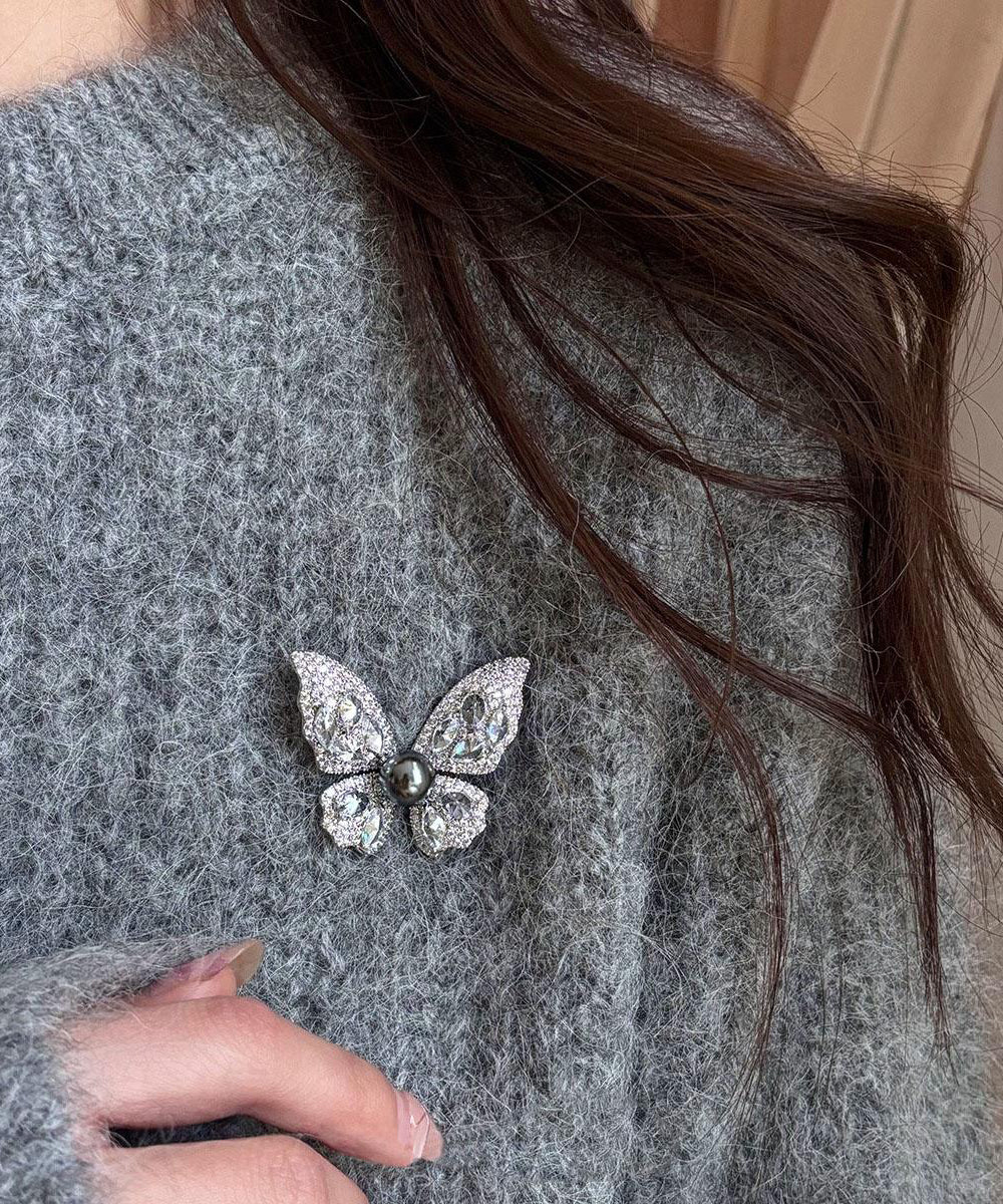 Fine Grey Alloy Zircon Butterfly Pearl Brooches YD039