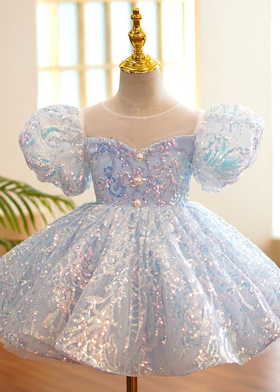 Robe longue de soirée bleu clair à col rond et paillettes en tulle pour fille, tenue d'été YS035