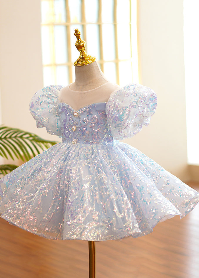 Robe longue de soirée bleu clair à col rond et paillettes en tulle pour fille, tenue d'été YS035