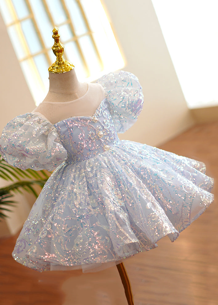 Robe longue de soirée bleu clair à col rond et paillettes en tulle pour fille, tenue d'été YS035