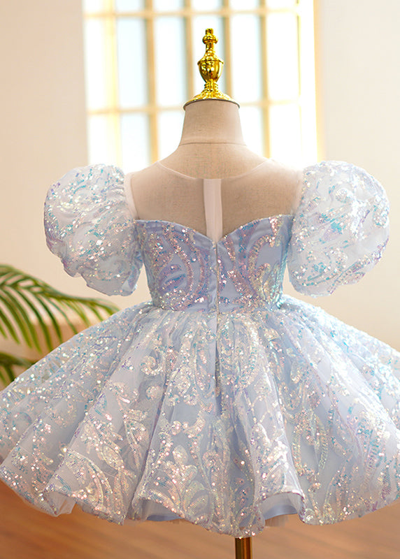 Robe longue de soirée bleu clair à col rond et paillettes en tulle pour fille, tenue d'été YS035