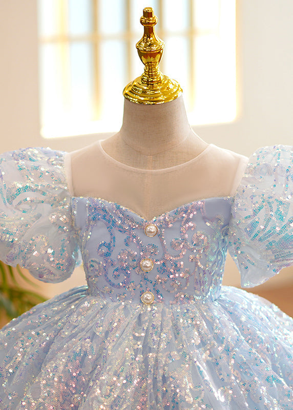 Robe longue de soirée bleu clair à col rond et paillettes en tulle pour fille, tenue d'été YS035