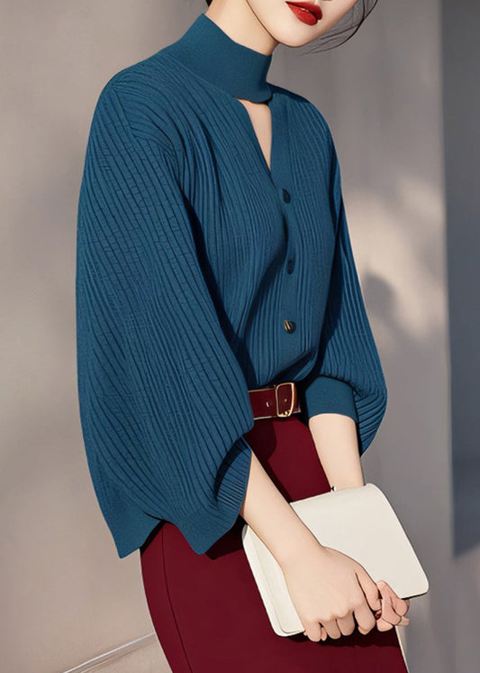 Fine Peacock Blue Turtleneck Hollow Out Cotton Knit Sweater Spring TO038